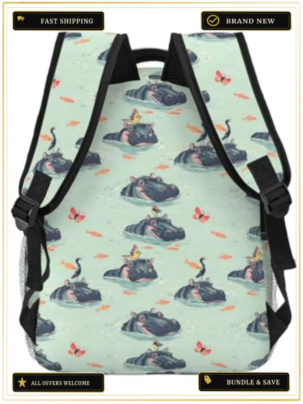 Whimsical Hippo Print Polyester Laptop Backpack Daypack with Padded Straps and